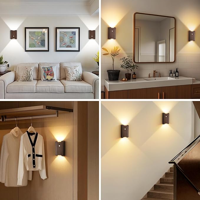 Rechargeable Motion Sensor Wall Light - 3 Colors Battery Powered Wireless Wall Sconces Set of Two with Remote, Magnetic Motion Sensor Stair Lights Indoor Night Light for Bedroom Hallway Closet, Walnut