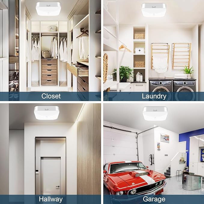 WhitePoplar Motion Sensor Rechargeable Ceiling Light Indoor with Remote, Wireless Battery Operated Rechargeable Sensor Light for Closet, Garage, Hallway, 3000K-6000K Battery Powered Shower Lights