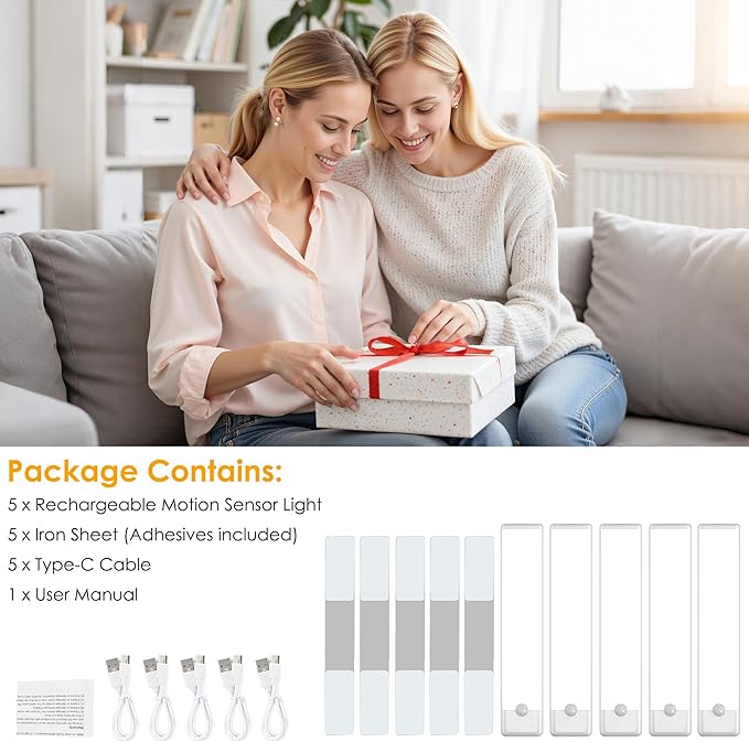 7.9 inch Motion Sensor Under Cabinet Light, 3 Color Temperature Dimmable Rechargeable Magnetic Closet Light Wireless Under Counter Light 5-Pack