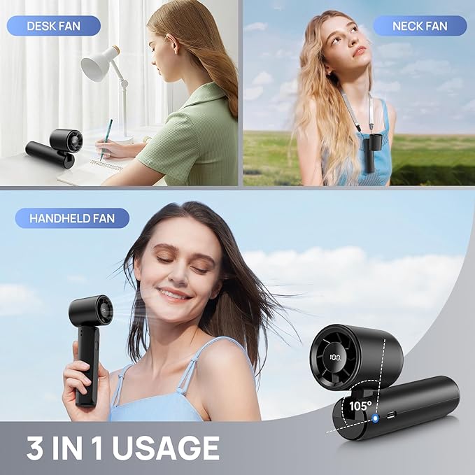2026 Upgraded Portable Handheld Turbo Fan Personal fan 18000RPM Speed Adjustable, 3-IN-1 Rechargeable Fan with LED Display, Travel Essentials, Gifts for Women Men Outdoor Indoor (Black)