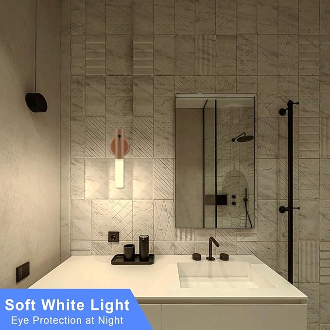 LANDGOO LED Automatic Motion Sensor Lights Wall Lamps Set of 2 Sconces Battery Operated Rechargeable Portable Magnetic 360° Rotation Cordless for Bedroom Bedside (White Ash Wood 2pcs)
