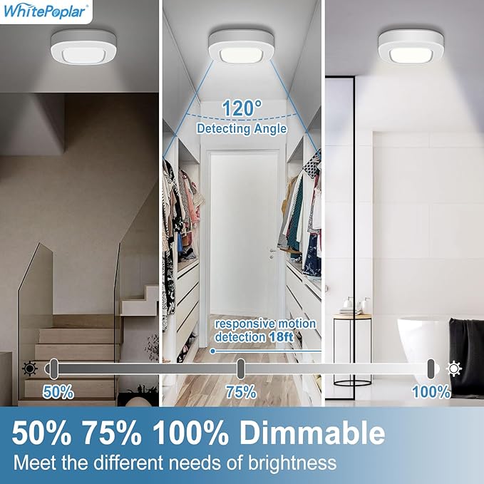Battery Powered Motion Sensor Light Indoor with Remote, 300LM Dimmable Battery Operated Ceiling Light, 3000K&6000K Color Changeable Wireless Ceiling Light For Closets Shower Living Room Hallway Porch