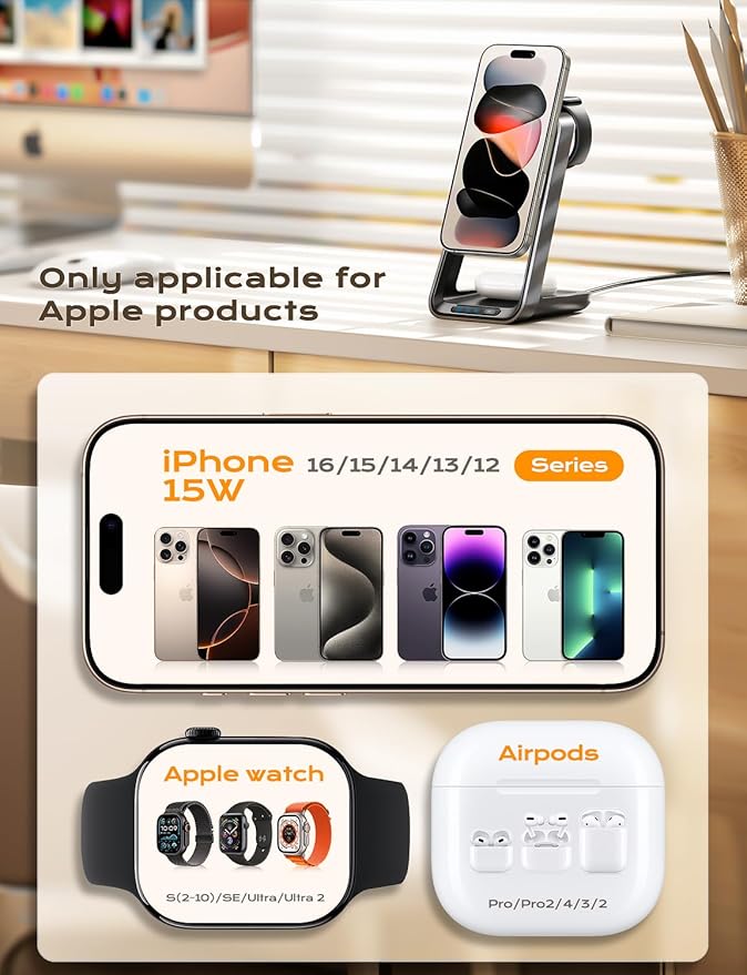 3 in 1 Charging Station for iPhone, Magsafe Wireless Charger with Cooling Fan for iPhone 16 15 14 13 12 Series & Apple Watch Charger 10/Ultra 2, Wireless Charging Station for AirPods 4/3/Pro/Pro 2
