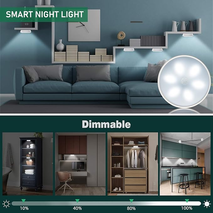 LED Closet Lights Wireless Motion Sensor Puck Light, Newest Version USB Rechargeable Dimmer Step Light with Remote, Night Safe Lighting for Under Cabinet, Counter, Kitchen, Hallway, Stairs (6 Pack)