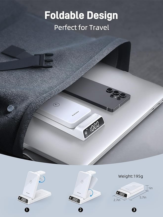 Wireless Charger for Samsung Charging Station with Clock for Samsung Galaxy S25 Ultra/S24/Z Flip 7/Fold 6/Bud, Watch Charger for Samsung Galaxy Watch 8/7/6/5, 3 in 1 Foldable Charging Station (White)
