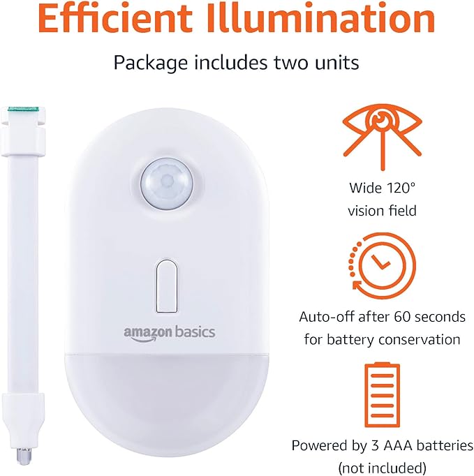 Amazon Basics Color Changing LED Toilet Bowl Motion Sensor Light, Battery Operated, Auto-off After 60 Seconds, 15 ft Detection Range, 2 Pack, White