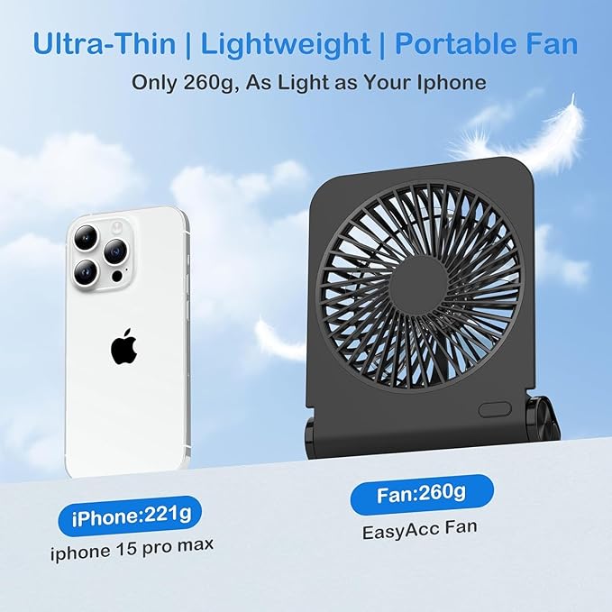 EasyAcc Small Travel Desk Fan, 4000 mAh Slim Portable Fan for Slumber Pod Camping, 180°Tilt Folding, Fully Foldable, Rechargeable, Office Desktop Desk Camping Travel Accessories