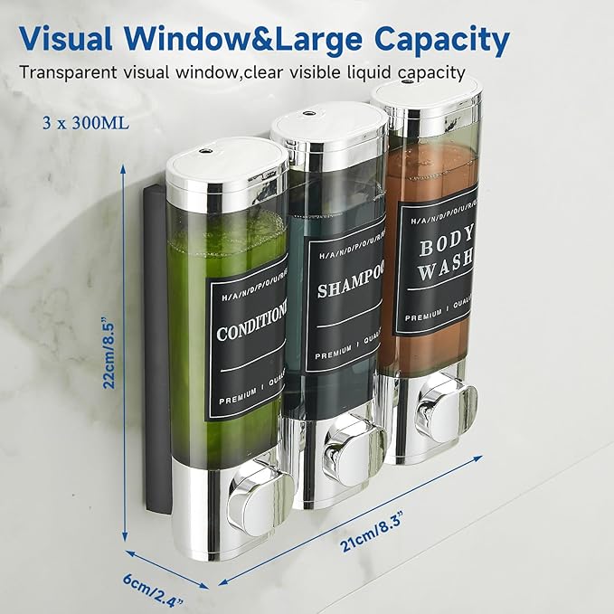 Shampoo and Conditioner Dispenser,Shower Soap Dispenser 3 Chamber No Drill Wall-Mounted Shampoo Dispenser for Shower Wall Mounted Shower Dispenser for Bathroom Hotel Large Capacity,Chrome