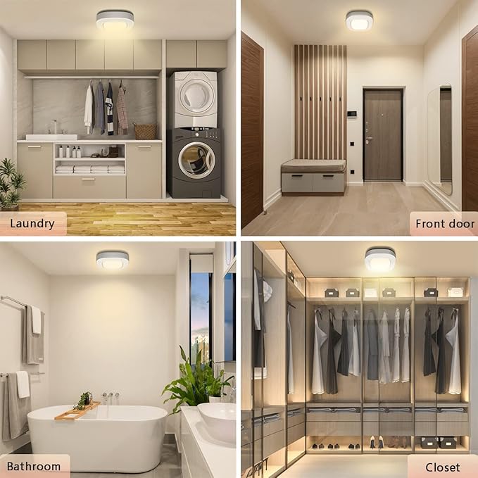 Motion Sensor Battery Operated Lights For Closet, Indoor Wireless Activated LED Ceiling Light Battery Powered 300LM for Stair Kitchen Porch Bathroom Hallway Bedroom Garage, Warm Step Light
