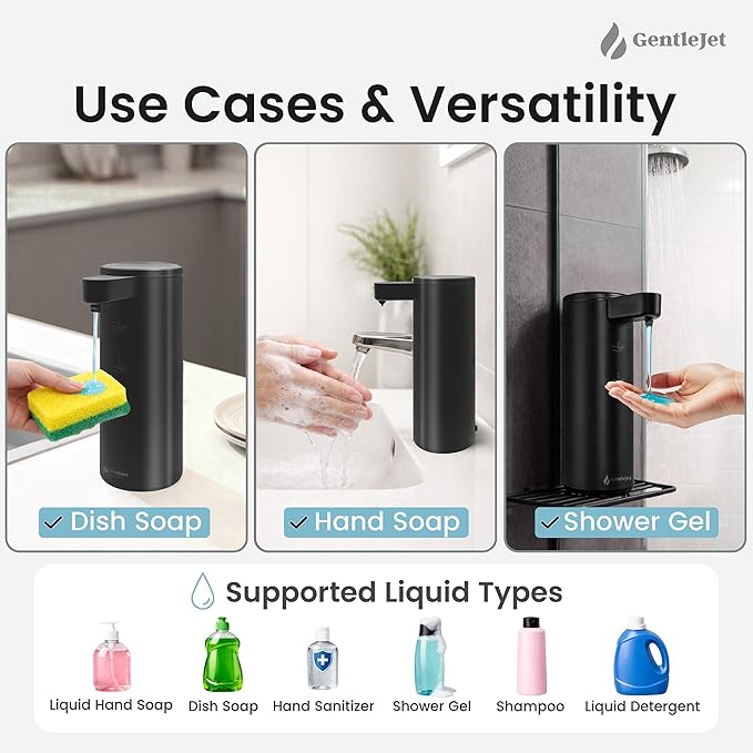 GentleJet OpalDrop Automatic Liquid Soap Dispenser for Kitchen Sink Touchless No-Drip Pump, USB-C Rechargeable, 304 Stainless Steel, IPX5 Water-Resistant, 270 ml