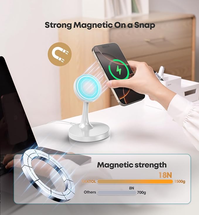 TXXTOL Magnetic Wireless Charger iPhone Stand, 15W Fast Mag-Safe Charger iPhone 17/17 Air/17 Pro/17 Pro Max 16/15/14/13/12 Series Magnet Wireless Charging Station/Pad/AirPods for Home, Office, Travel