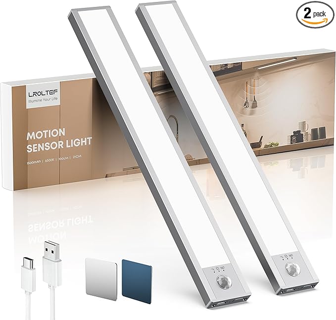 LROLTEF Under Cabinet Lighting Wireless, 2 Pack 8.3 inch 1500mAh 6500K Dimmable Motion Sensor Light Indoor, Rechargeable LED Under Counter Lights for Kitchen, Shelf, Stairs, Closet