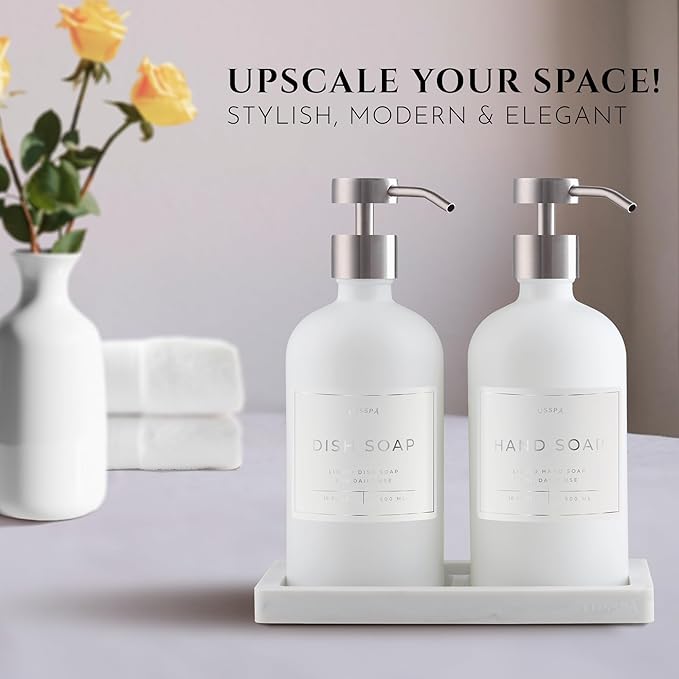 Glass Soap Dispenser Set of 2 (White) with Silicone Tray | Hand and Dish Soap Dispenser for Kitchen and Bathroom | 16.8 Oz Glass Bottles with Stainless Steel Pump & 15 Waterproof Labels (White/Silver)