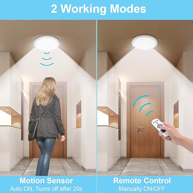 LINEWAY Rechargeable Motion Sensor Ceiling Light with Remote,Battery Operated LED Ceiling Lights 3 Colors Dimmer 7.5'' Wireless Closet Light Magnetic Motion Activated Shower Light for Shed Pantry