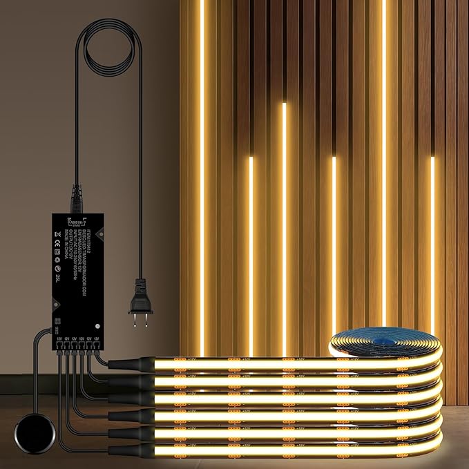 6-in-1 Black PCB COB LED Strip Light,12V Touch Dimable LED Recessed Lighting Kit,3.3Ft Self-Adhesive Under Cabinet Lighting 3000K with 36W Adapter for Wood Slat Wall Panels, Headboards, Cabinet,Shelf