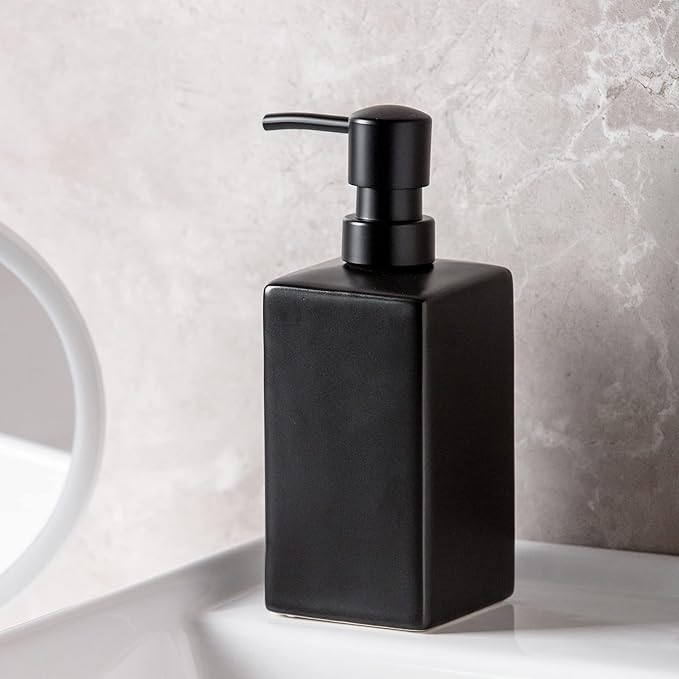Matte Black Ceramic Square Hand Soap & Lotion Dispenser for Bathroom, Dish Soap Dispenser for Kitchen - 14oz