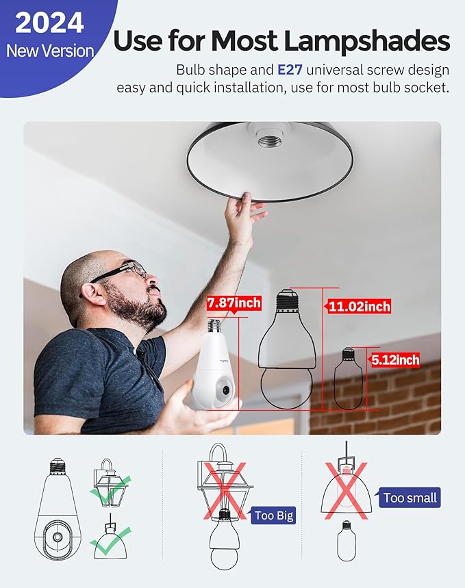 Hugolog 2K Light Bulb Security Cameras Wireless Outdoor-2.4GHz Cameras for Home Security Indoor with AI Motion Detection,Clear Color Night Vision,360°Auto Tracking,Siren Alarm,24/7 Recording
