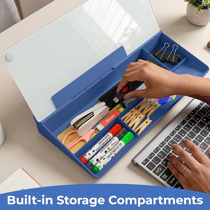 Chalkola Blue Glass Desktop Whiteboard with Storage - Dry Erase Board, Work Desk Organizers, Computer Keyboard Stand, Home Office Desk Accessories, Workspace Desktop Buddy