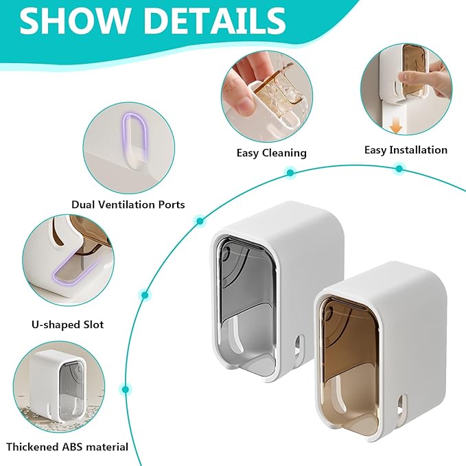 3 Pack Toothbrush Holders for Bathroom, Self Adhesive Wall Mounted Toothbrush Holder with Cover, Single Toothbrush Dispenser Storage Organizer for Family, Travel, Waterproof and Dustproof (Brown)