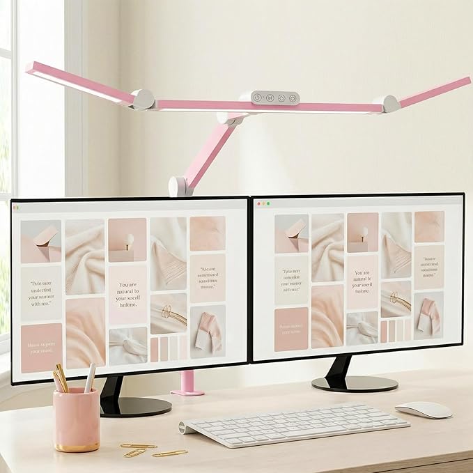 Micomlan Architect Desk Lamp for Home Office, Pink Desk Lamp with Clamp for Working, 24W Bright Rotatable Led Table Light Stepless Dimming Tempering Wide Computer Light for Crafting Puzzle Hobby