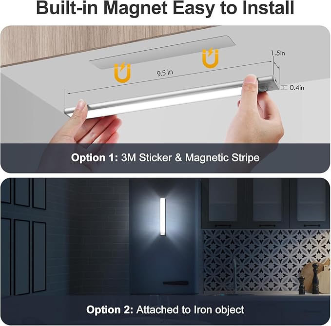 BLS Under Cabinet Lights, 46 LED lights Battery Operated Motion Sensor Light Indoor, USB C Rechargeable Closet Lights Motion Sensored, 1500mah Wireless Magnetic Light for Kitchen Night Stairs (2 Pack)