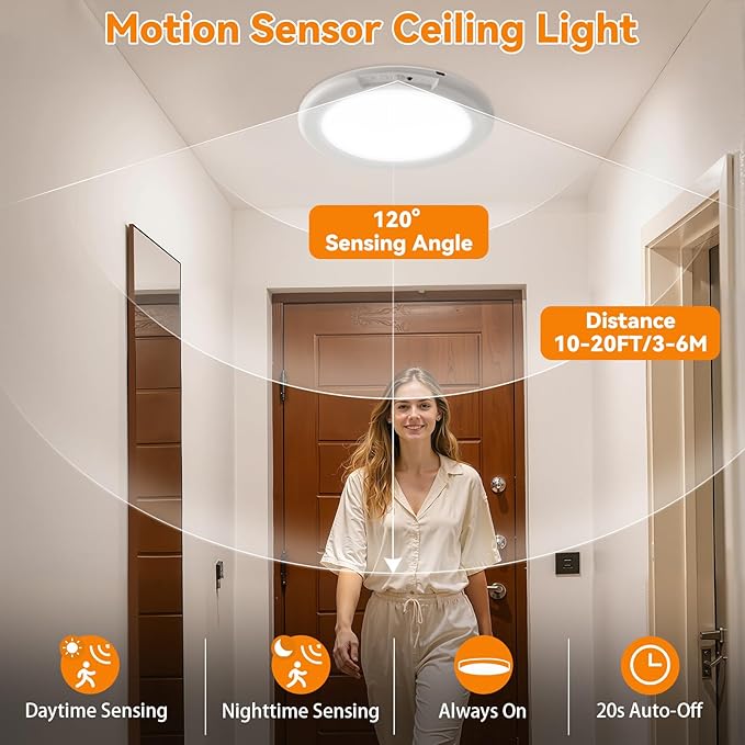 KYEKIO Rechargeable Ceiling Light 2Pack, 3 Color Magnetic Motion Sensor Lights with Remote, Wireless Dimmable Closet Light Battery Operated, LED Lights for Shower Pantry Shed Hallway Porch Stairs