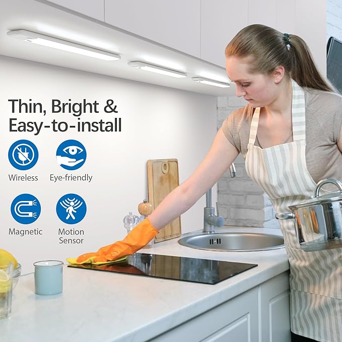 Motion Sensor Under Cabinet Lights, Magnetic Rechargeable Under Counter Closet Light, Wireless Night Light Bar Stick-On, 3-Pack, Cool White
