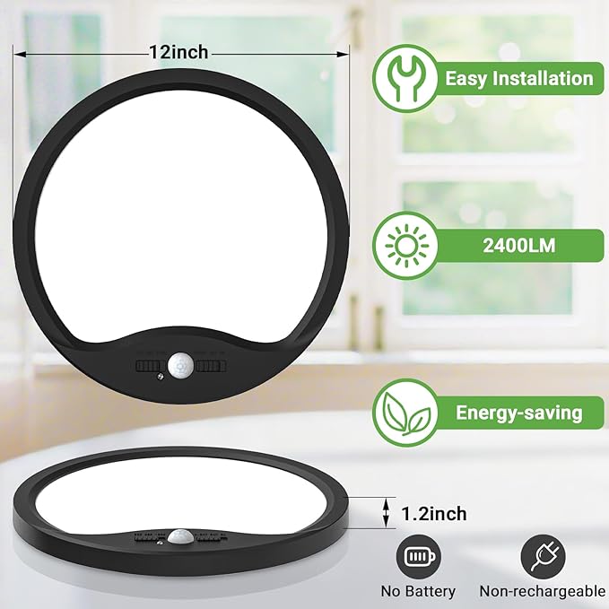 zemty 12inch Motion Sensor Ceiling Lights Wired, 24W 2400lm 3CCT/3 Mode/30-120s Timer, Bright Black LED Flush Mount Light Fixture Motion Activated for Closet Pantry Hallways Stairwells Garage