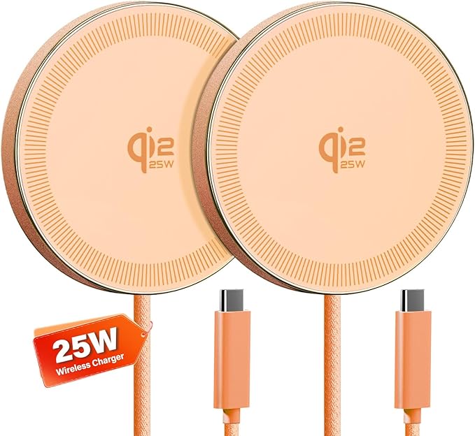 25W Wireless Charger for MagSafe, Qi2.2 Magnetic Fast Charging Pad for iPhone 17/16/15/14/13/12 Series & AirPods, Strong Magnet, Thin & Portable Wireless Charger for Travel Home Office (Orange, 2Pack)