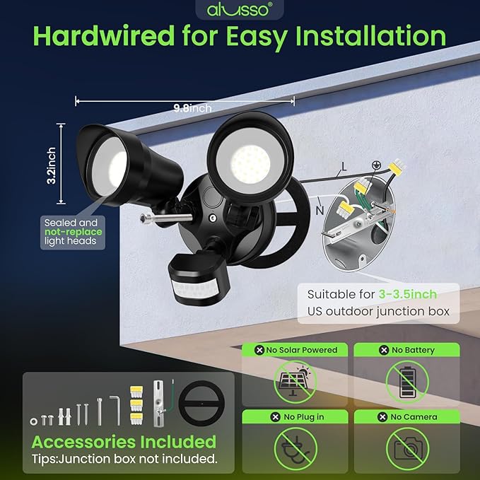 ALUSSO Motion Sensor Outdoor Lights, 30W 3500LM Flood Lights Outdoor 120V, 3 Modes (Dusk to Dawn/Auto/On Time), 3CCT 3000K/4000K/6500K Waterproof Hardwired Security Light ETL Listed for Porch, 1PC