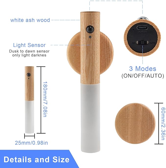 LANDGOO LED Wall Sconces Motion Sensor Lights Portable 360° Lamps Battery Operated Rechargeable Warm Vanity Lighting Fixture Modern for Living Room Bedroom (White Ash Wood 1PC)