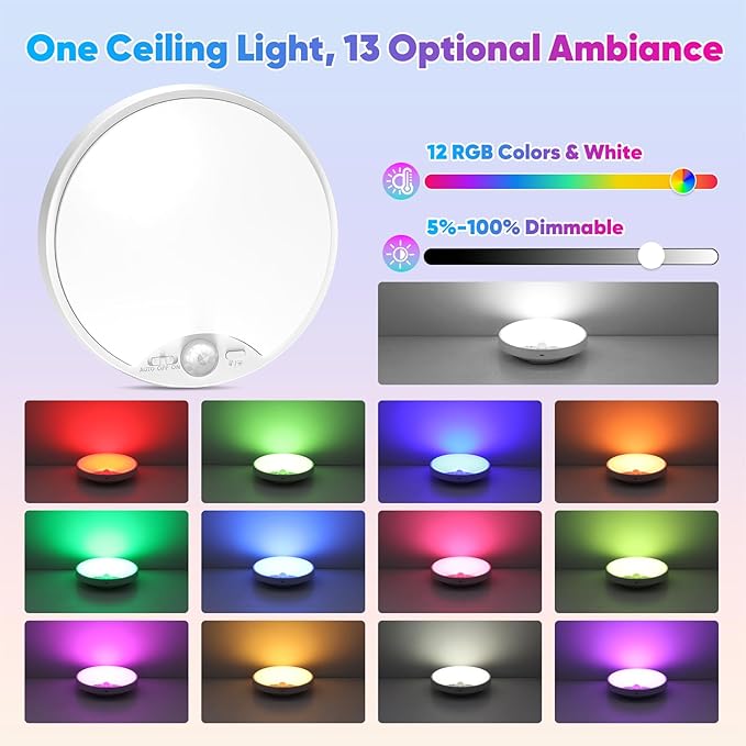 2-Pack 10000mAh RGB Rechargeable Motion Sensor Ceiling Light with Remote, Battery Operated Closet Light No Wiring, Magnetic Wireless LED Ceiling Lights,3 Color Indoor Overhead Lamp for Shower Hallway
