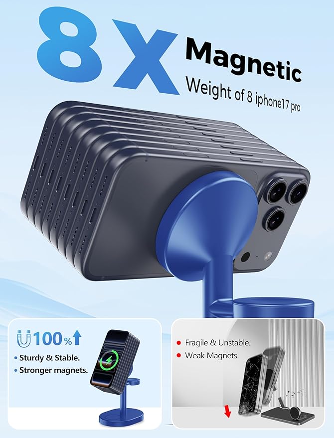 Hevanto 2026 3 in 1 Wireless Charging Station for Apple MagSafe Charger, 15W Fast Magnetic Mag-Safe Charger Stand for iPhone 17 16 15 14 13 12 Apple Watch AirPods with MagSafe Case, Blue