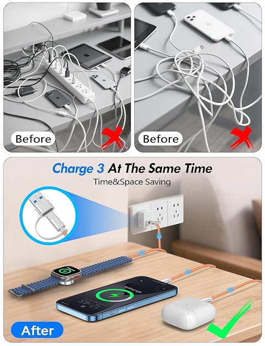 2Pack Multi Charging Cable Cord for Travel Essentials,Apple Watch Charger,iPhone Charger,[3-in-2] Type C/L Cable Portable Designed for iWatch,iPhone 17-8,Galaxy S25-21,AirPods,iPad-4FT Orange