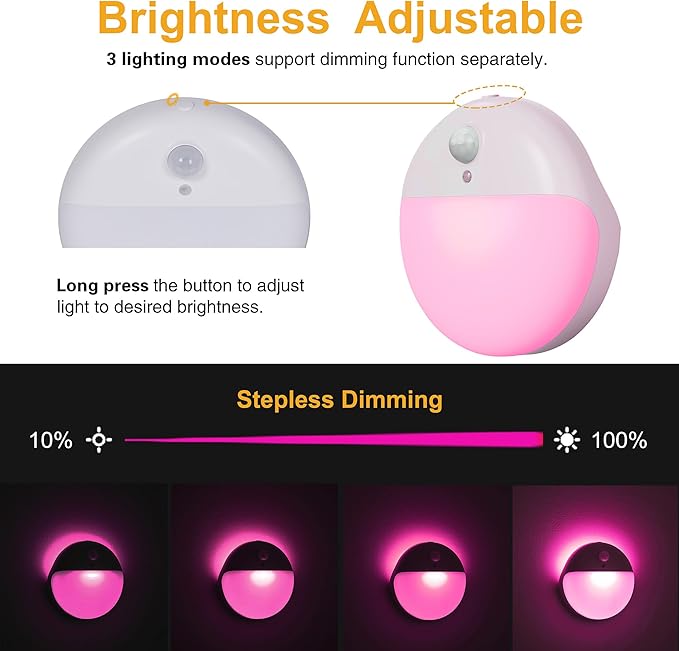 YUNLEX 2 Pack Pink Battery Night Light, Motion Activated Night Light, 2.6" Small Sticky Lights, 3 Light Modes, Dimmable Soft Glow for Bedroom, Nursery, Baby, Kids, Sleep, Soothing Fear of The Dark