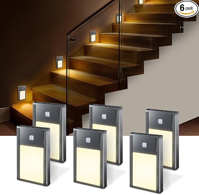 VST Motion Sensor Step Night Light, Rechargeable Battery Powered Led Light with Magnetic Suck Installation for Bedroom Hallway Stair Nursery Kids Room (2.68 inch 3000K 6Pack Black)