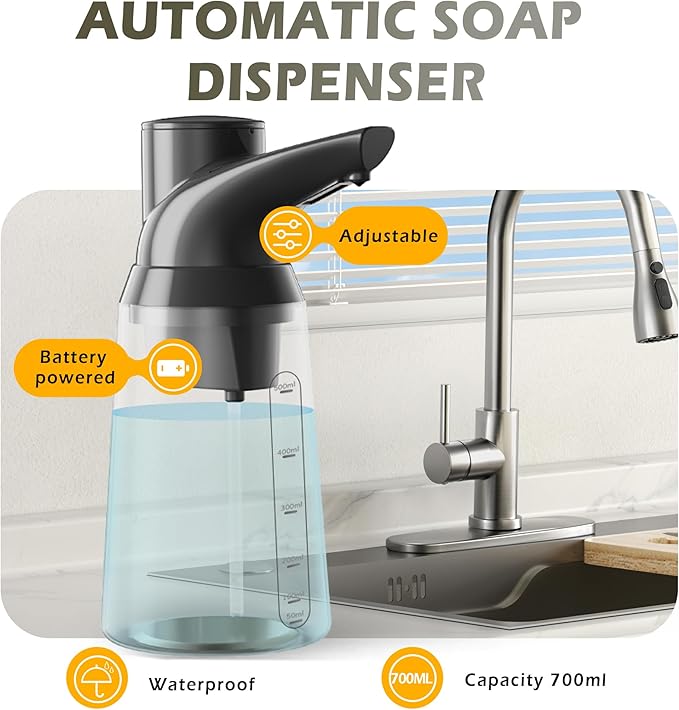 Adjustable Automatic Soap Dispenser Touchless, 4 Adjustable Levels，Battery Powered Operated Sensor Liquid Soap Pump，Touch-Free Hand Sanitizer Dispenser