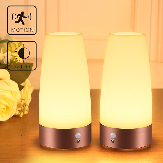 WRalwaysLX 2Pack Round Bedside Lamp PIR Motion Sensor LED Night Light,3 Modes Battery Powered Small Table Lamp,USE 3x1.5VAAA Battery,Sensitive Portable