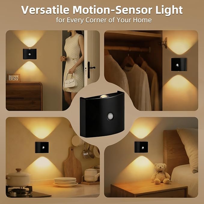2 Pack Motion Sensor Wall Light, Rechargeable Wall Sconce with 3 Color Temperatures and Brightness Adjustable, Wireless Magnetic Mount for Bedroom, Stair, Hallway, Closet (2, Black)