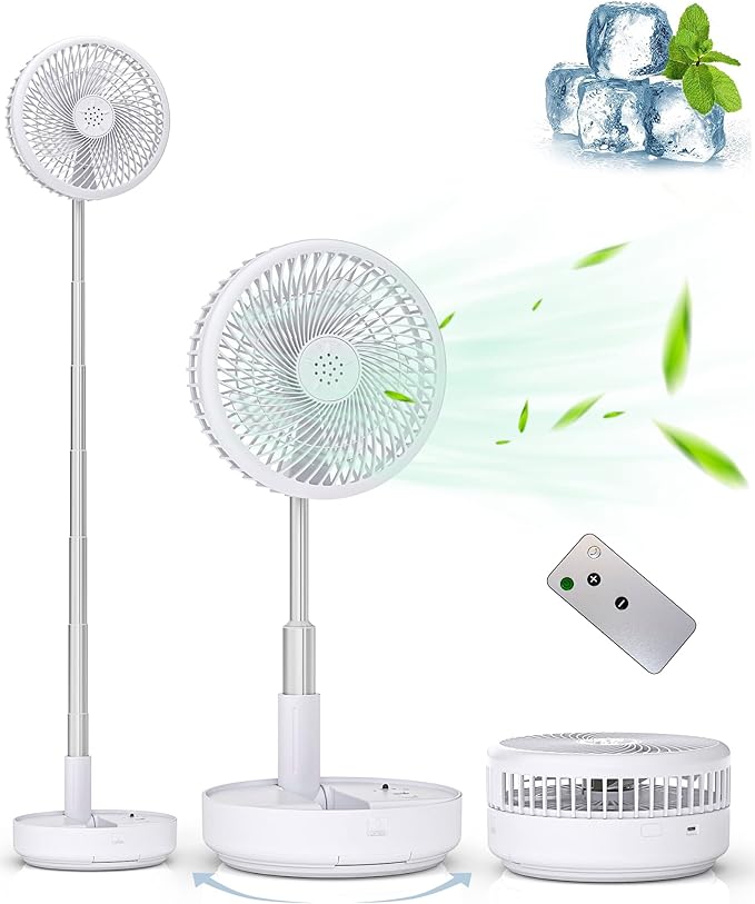 Primevolve Portable Fan, |21H Battery|7200mAh Rechargeable Oscillating Fan with Remote, Foldable Telescopic 7.7" for Travel Camping Cruise Hotel Bedroom, White
