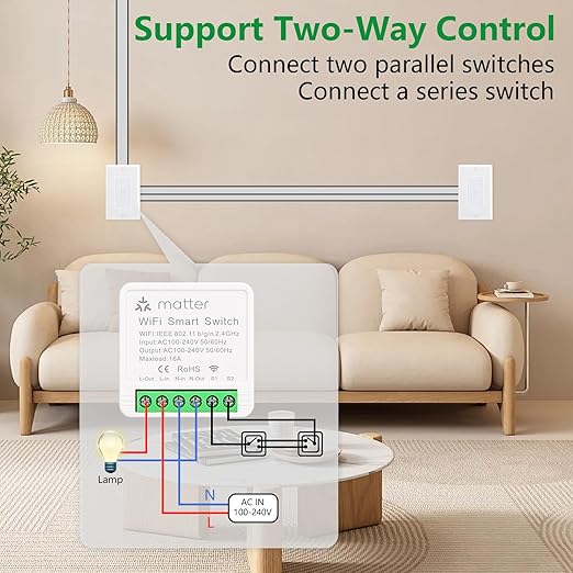 Wengart Matter Smart Relay WiFi Switch,16A Mini Universal Module for Smart Home, Works with Apple Home,Alexa & Google Home via Matter,eWelink App 2.4GHz,Retrofit in-Wall Switch,No Hub Required