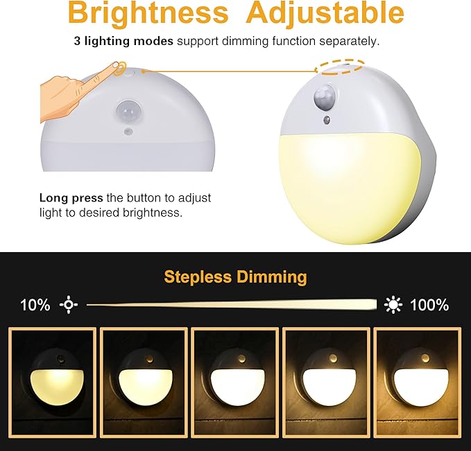 YUNLEX 2 Pack Motion Sensor Night Light, Gold Yellow, 3 Lighting Modes, Stepless Dimming, Battery-Powered, Dimmable LED, Suitable for Bedroom, Bathroom, Stairs, Corridors, Closets