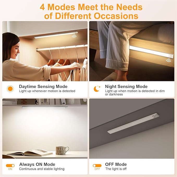 Gritin 14.7inch Under Cabinet Lighting Rechargeable 2 Pack- 3 Color Temps&5 Level Brightness, Super Bright, 4 Modes, Motion Sensor, Long Lasting - Easy Installation Magnetic Under Closet Lights-Silver