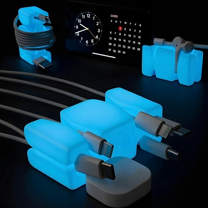 CordBrick 2PK Glowing Silicone + Steel Weighted Cable Holders for Nighstands, Cord Wraps for Travel, Unique iPhone Accessories. Small Graduation Gift for High Schoolers. Gadget for Teens. Blue Glow