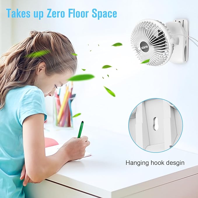 HONYIN 720° Rotation Small Desk & Clip on Fan with Sturdy Clamp, 3 Speeds, Quiet Little Personal Cooling Fan by USB Plug In, for Bedroom Office Desktop Treadmill