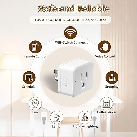NineLeaf Slim WiFi Smart Plug w Switch, Remote App Control, 15A/1500W, Compatible with Alexa/Google Home via Tuya, Compact Design Control Anywhere,Timer/Schedule, TUV FCC, 2.4G Only(1Remote 4Outlets)