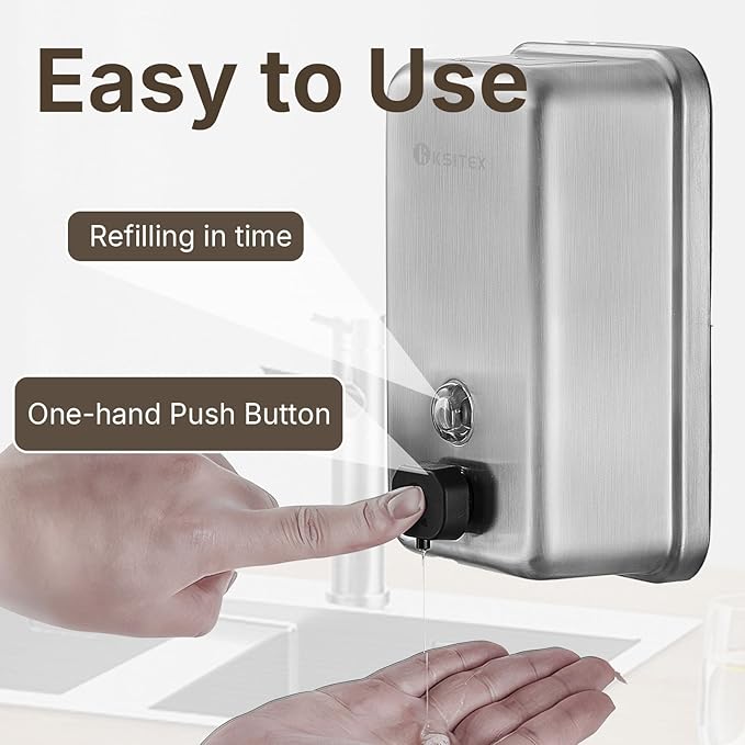Stainless Steel Soap Dispenser Wall Mounted, 37oz Commercial Hand Soap Dsipenser, Manual Anti-Leak Pump Liquid Soap Dispenser, Rust-Proof Lining Hand Sanitizer Lotion Dispenser for Bathroom (37 OZ)
