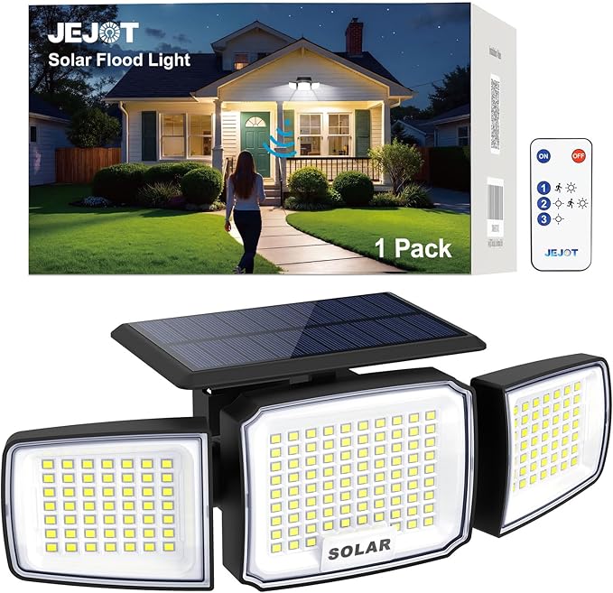 Solar Security Light Outdoor Super Bright LED, Motion Sensor Flood Light, 3 Heads 270° Wide Angle,Remote Control, IP65 Waterproof, 3 Modes (1 Pack)