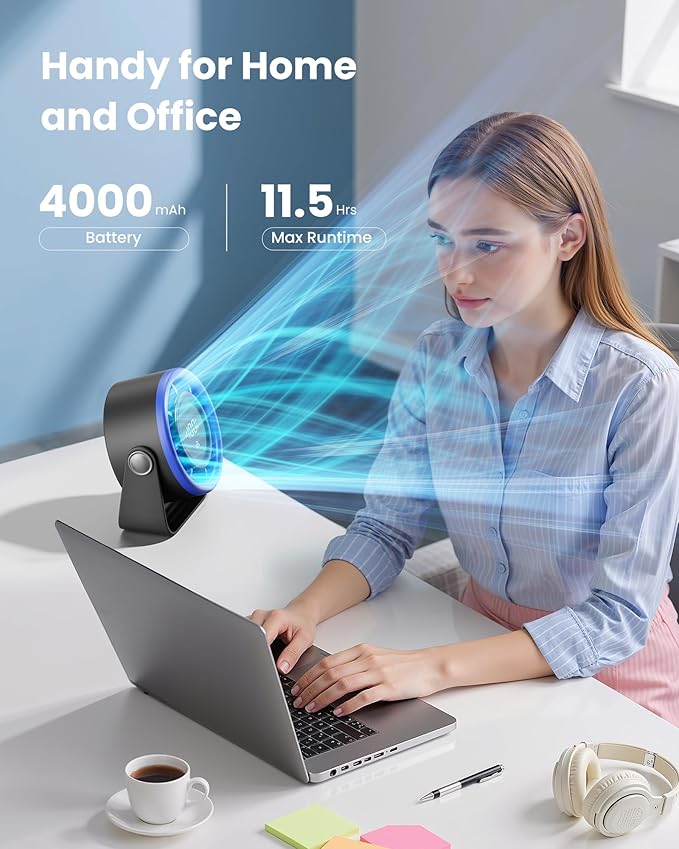 Gaiatop Small Desk Fan Rechargeable, Quiet Personal Table Fan, Touch Control Display, 360° Tilt, 5-Speed Strong Wind, 4000mAh Battery, Small Fans for Bedroom Dorm Office, Gifts for Women Men, Blue