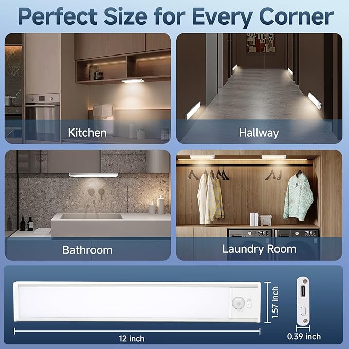 12 inch Under Cabinet Lighting, 1800mAh Rechargeable Motion Sensor Light with 3 Color Temps, Dimmable USB-C Closet Light, Wireless LED Under Counter Lights for Kitchen, Stairs, Pantry
